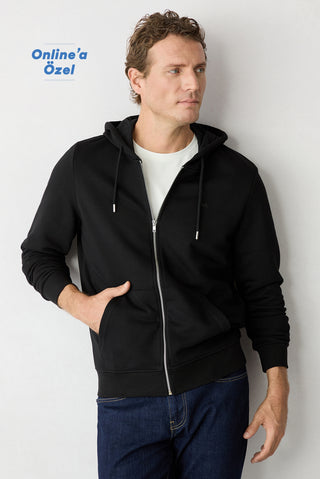Siyah Kapüşonlu Fermuarlı Regular Fit Sweatshirt