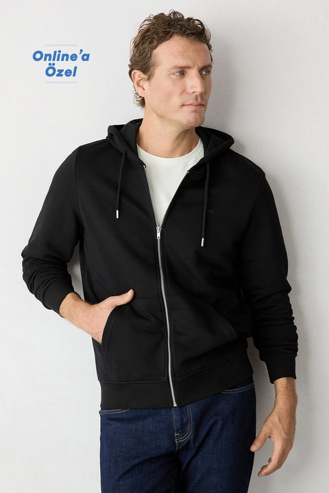 Black Hooded Zipper Regular Fit Sweatshirt