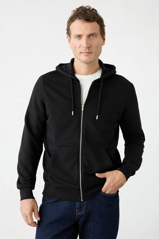 Siyah Kapüşonlu Fermuarlı Regular Fit Sweatshirt