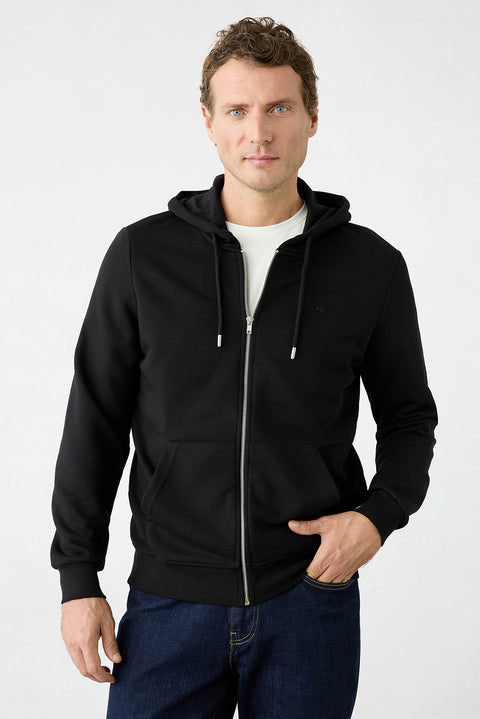 Black Hooded Zipper Regular Fit Sweatshirt