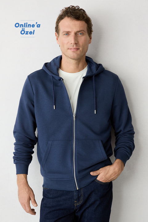 Dark Navy Hooded Zip-Up Regular Fit Sweatshirt