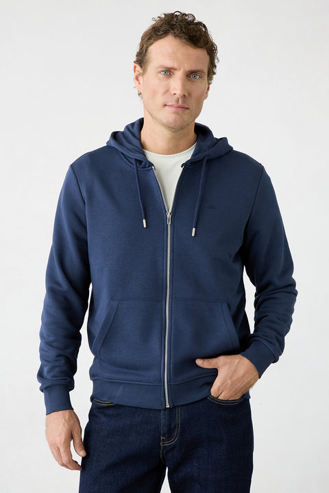 Dark Navy Hooded Zip-Up Regular Fit Sweatshirt