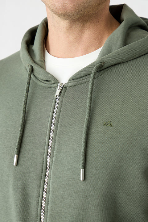 Medium Khaki Hooded Zippered Regular Fit Sweatshirt