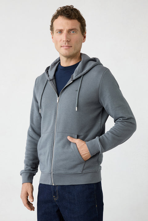 Medium Anthracite Hooded Zippered Regular Fit Sweatshirt