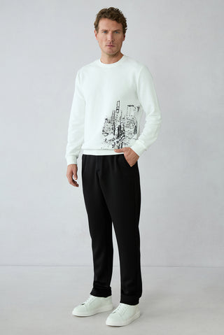 Siyah Regular Fit Likralı Düz Beli Bağcıklı Lastikli Sweatpant