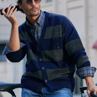 Dark Navy V-Neck Oversized Striped Cotton Knit Cardigan