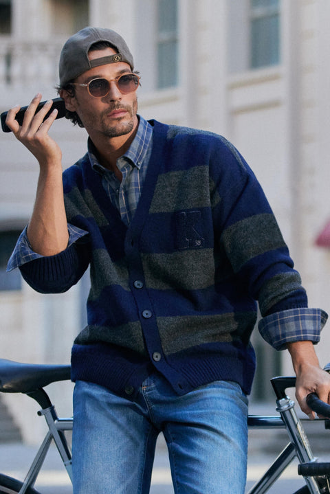 Dark Navy V-Neck Oversized Striped Cotton Knit Cardigan