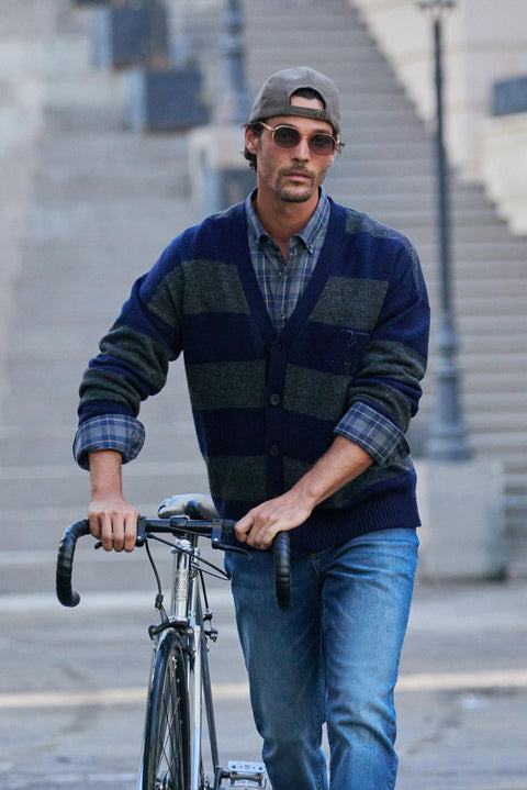 Dark Navy V-Neck Oversized Striped Cotton Knit Cardigan