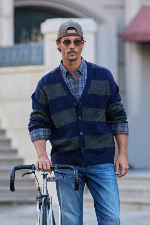 Dark Navy V-Neck Oversized Striped Cotton Knit Cardigan