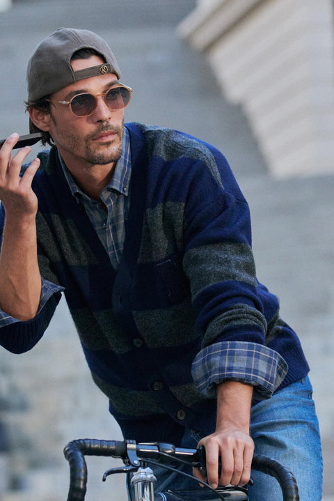 Dark Navy V-Neck Oversized Striped Cotton Knit Cardigan
