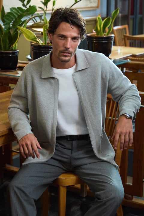 Mid Grey Regular Fit Polo Neck Plain Zippered Knit Cardigan
