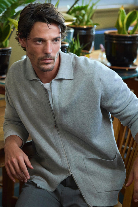 Mid Grey Regular Fit Polo Neck Plain Zippered Knit Cardigan