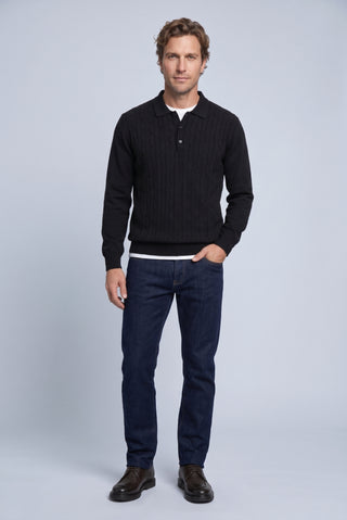 Siyah Regular Fit Polo Yaka Pamuk/Akrilik Saç Örgü Desen Triko Kazak
