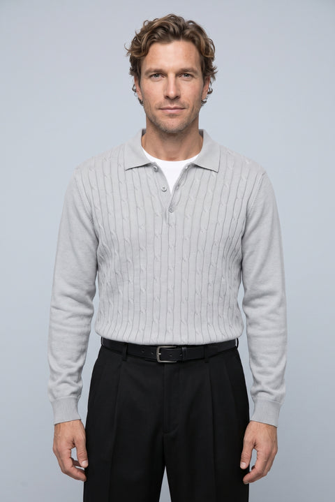 Medium Gray Regular Fit Polo Neck Cotton/Acrylic Cable Knit Sweater