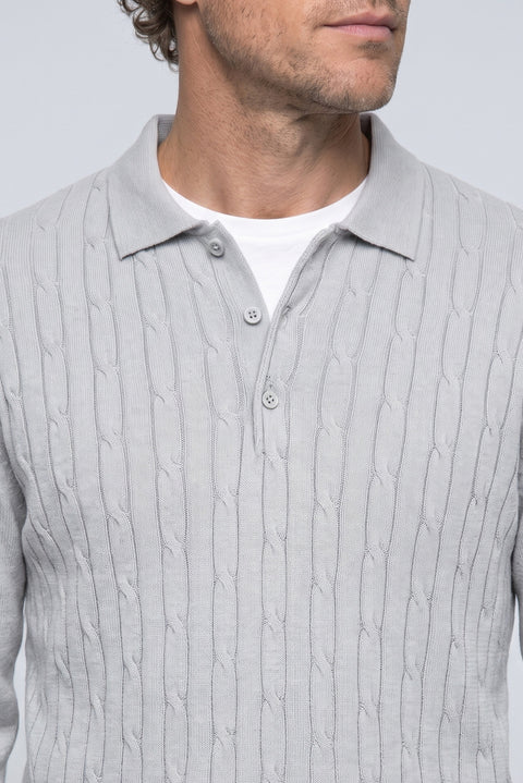 Medium Gray Regular Fit Polo Neck Cotton/Acrylic Cable Knit Sweater