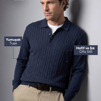 Dark Navy Regular Fit Polo Neck Cotton/Acrylic Cable Knit Sweater