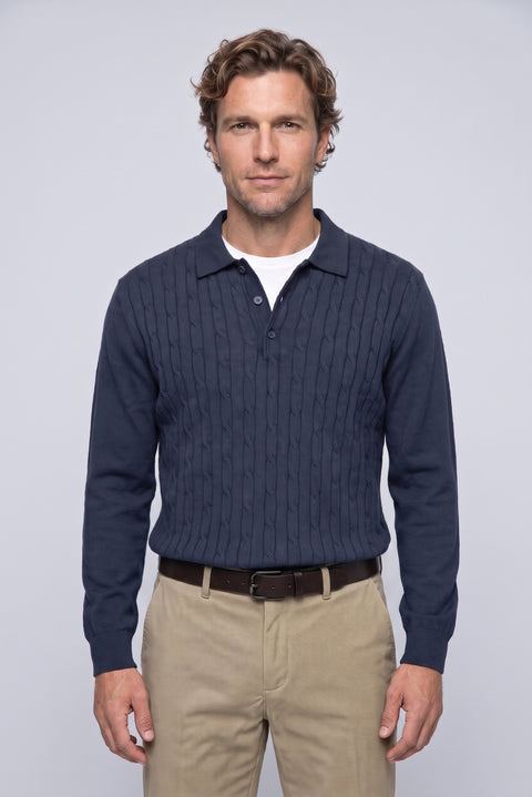 Dark Navy Regular Fit Polo Neck Cotton/Acrylic Cable Knit Sweater