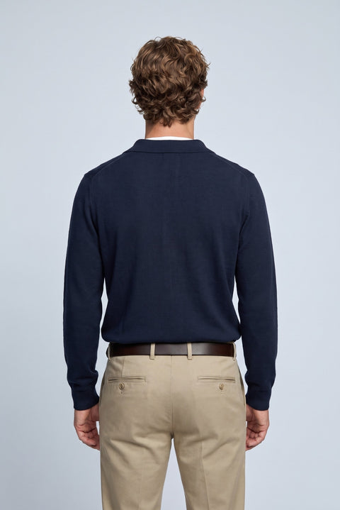 Dark Navy Regular Fit Polo Neck Cotton/Acrylic Cable Knit Sweater