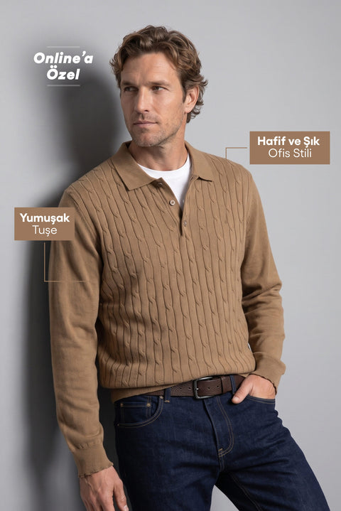 Medium Brown Regular Fit Polo Neck Cotton/Acrylic Cable Knit Sweater