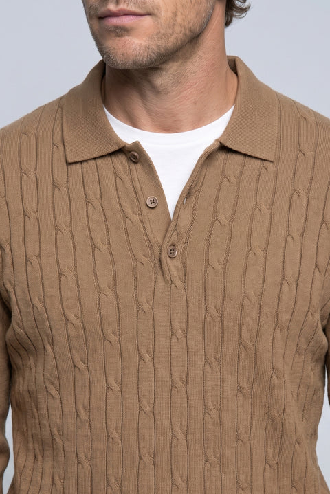 Medium Brown Regular Fit Polo Neck Cotton/Acrylic Cable Knit Sweater