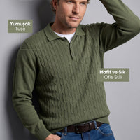 Medium Khaki Regular Fit Polo Neck Cotton/Acrylic Cable Knit Sweater