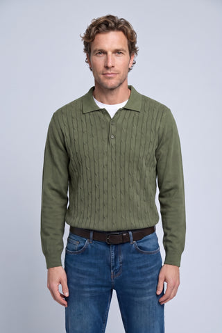 Orta Haki Regular Fit Polo Yaka Pamuk/Akrilik Saç Örgü Desen Triko Kazak