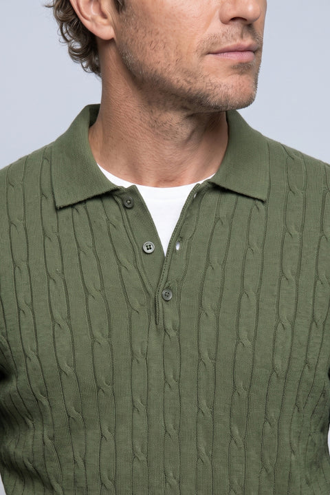 Medium Khaki Regular Fit Polo Neck Cotton/Acrylic Cable Knit Sweater