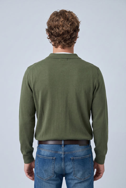 Medium Khaki Regular Fit Polo Neck Cotton/Acrylic Cable Knit Sweater