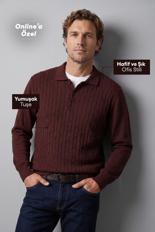 Koyu Bordo Regular Fit Polo Yaka Pamuk/Akrilik Saç Örgü Desen Triko Kazak