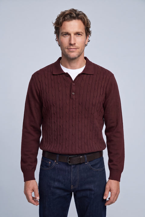 Dark Burgundy Regular Fit Polo Neck Cotton/Acrylic Cable Knit Jumper