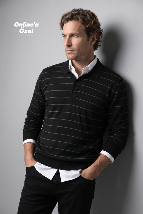 Black Regular Fit Polo Neck Cotton/Acrylic Striped Knit Sweater