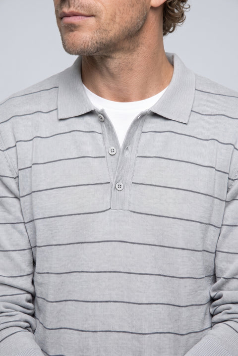 Orta Gri Polo Yaka Regular Fit Pamuklu Çizgili Yumuşak Tuşeli Triko Kazak