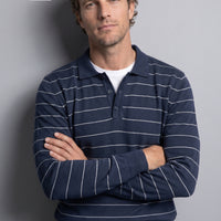 Dark Navy Regular Fit Polo Neck Cotton/Acrylic Striped Knit Sweater