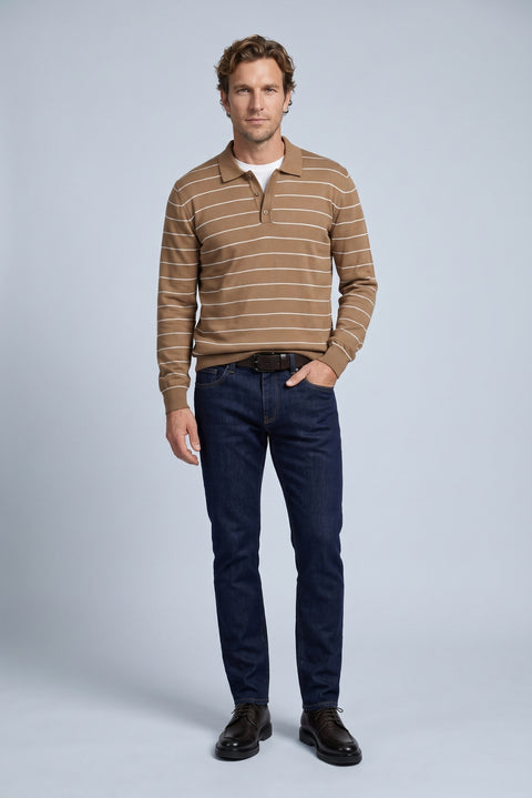 Orta Kahve Polo Yaka Regular Fit Pamuklu Çizgili Yumuşak Tuşeli Triko Kazak