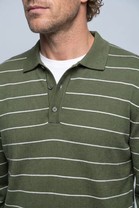 Orta Haki Polo Yaka Regular Fit Pamuklu Çizgili Yumuşak Tuşeli Triko Kazak
