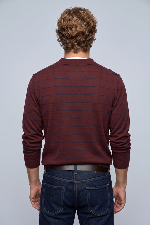 Dark Burgundy Regular Fit Polo Neck Cotton/Acrylic Striped Knit Sweater