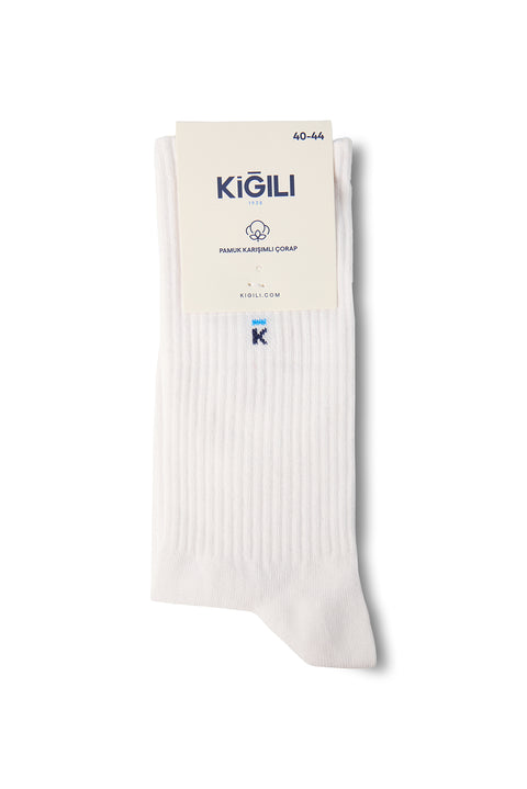 White Single Cotton Blend Patterned Ankle Socks