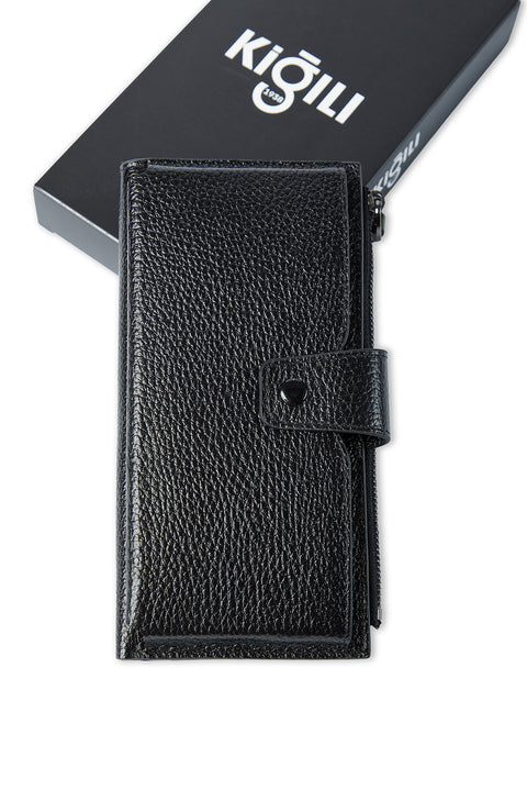 Black Leather Wallet with Phone Compartment (Length: 18CM Height: 9 CM) Phone Holder (16.5 CM * 7.5 CM)
