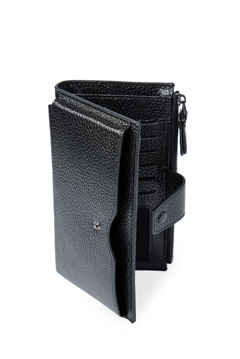 Black Leather Wallet with Phone Compartment (Length: 18CM Height: 9 CM) Phone Holder (16.5 CM * 7.5 CM)