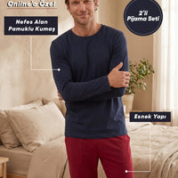 Koyu Bordo Bisiklet Yaka Uzun Kollu Beli Lastikli Cepli Pamuklu Esnek 2'li Pijama Seti