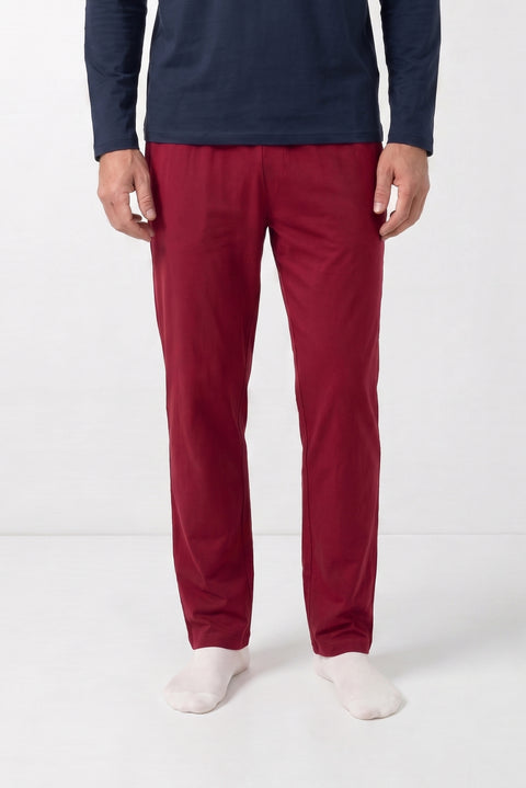 Koyu Bordo Bisiklet Yaka Uzun Kollu Beli Lastikli Cepli Pamuklu Esnek 2'li Pijama Seti