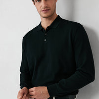 Black Regular Fit Button-Down Polo Collar Knit Sweater