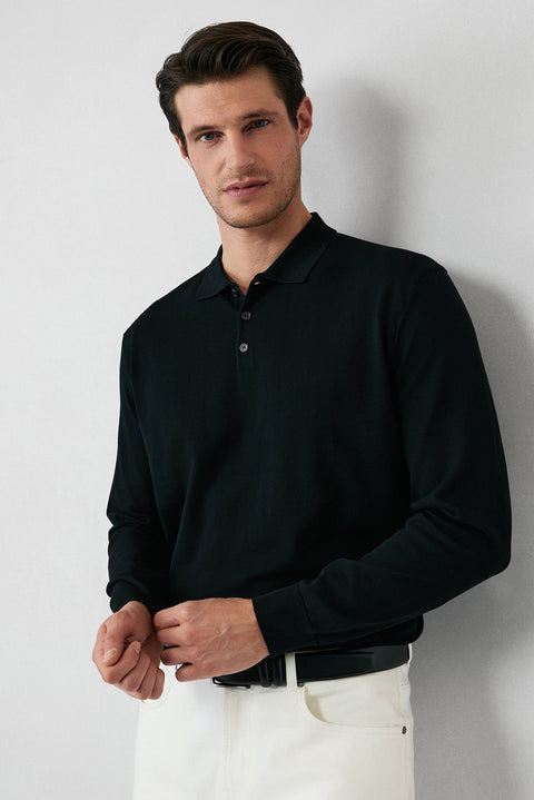 Black Regular Fit Button-Down Polo Collar Knit Sweater