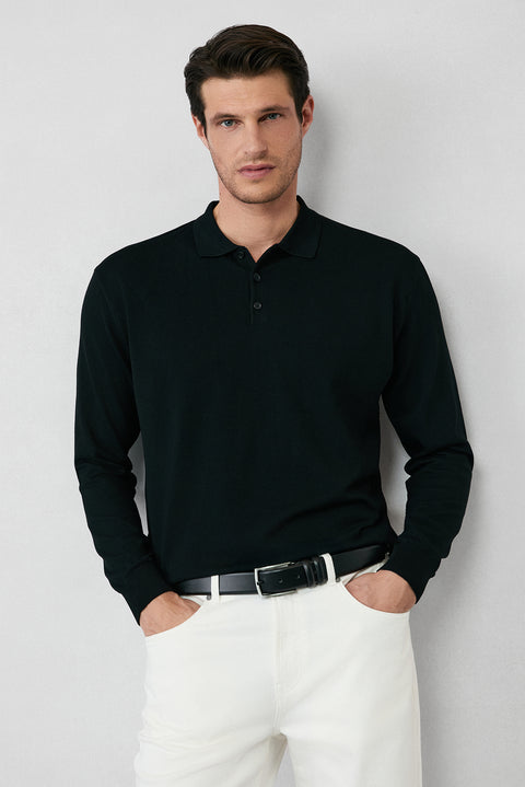 Black Regular Fit Button-Down Polo Collar Knit Sweater