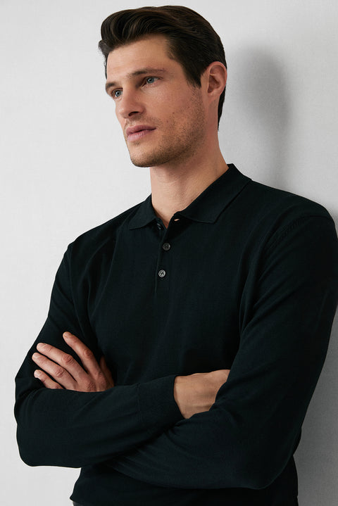 Black Regular Fit Button-Down Polo Collar Knit Sweater