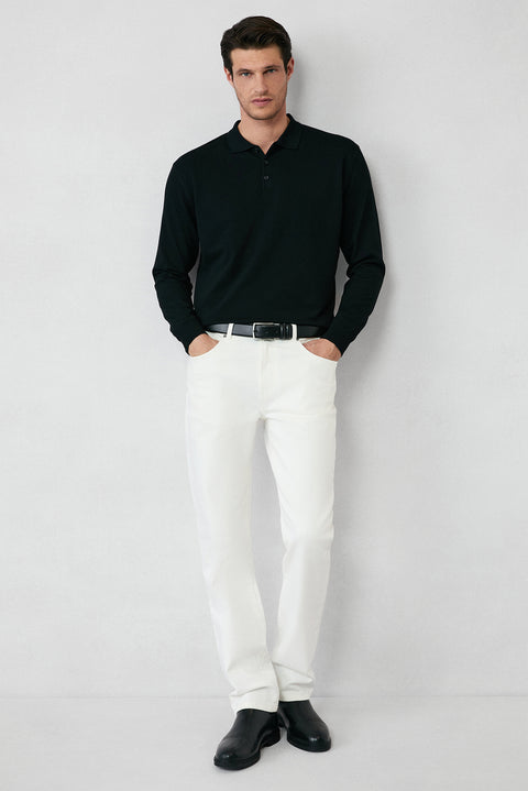 Black Regular Fit Button-Down Polo Collar Knit Sweater