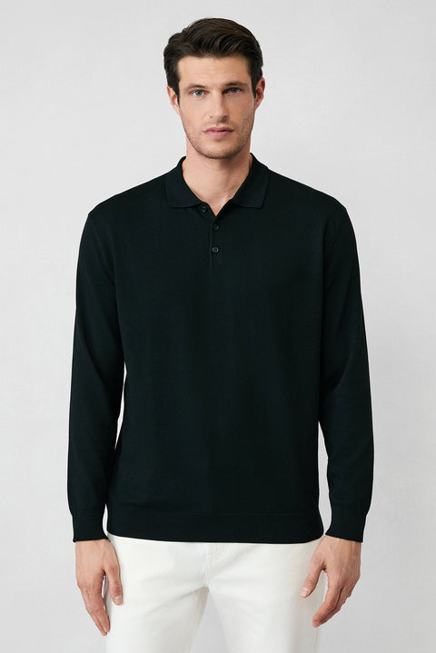 Black Regular Fit Button-Down Polo Collar Knit Sweater