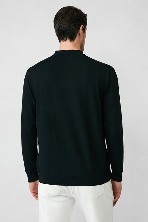 Black Regular Fit Button-Down Polo Collar Knit Sweater