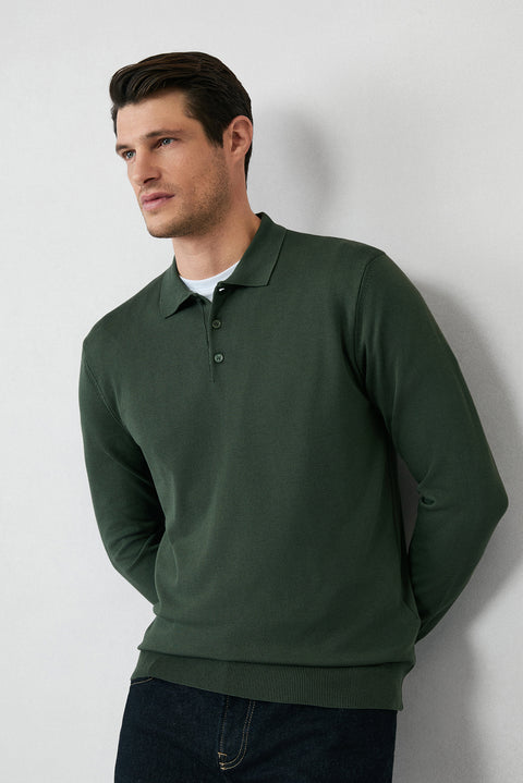 Medium Khaki Regular Fit Button-Down Polo Collar Knit Sweater