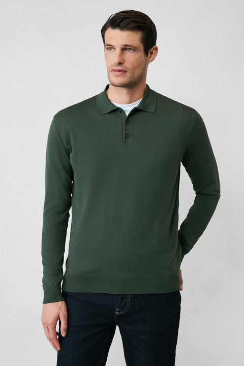 Medium Khaki Regular Fit Button-Down Polo Collar Knit Sweater